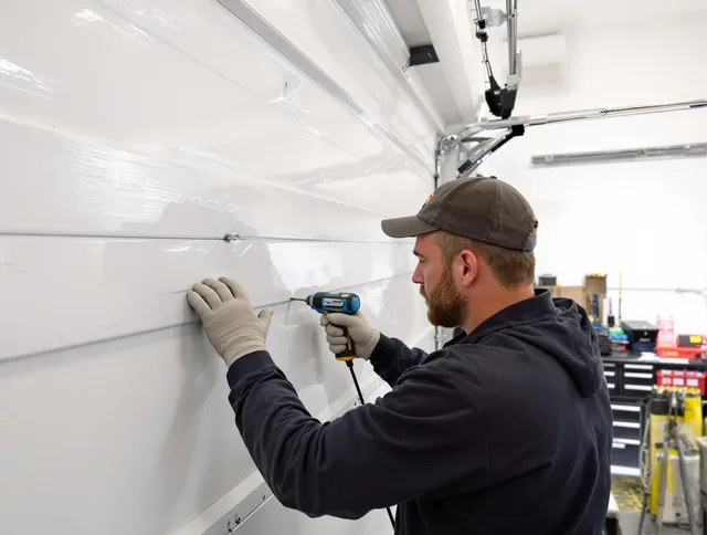 Middletown Garage Door Repair technician demonstrating precision dent removal techniques on a Middletown garage door