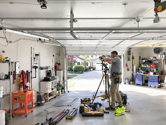 Middletown Garage Door Repair specialist performing laser-guided track alignment in Middletown